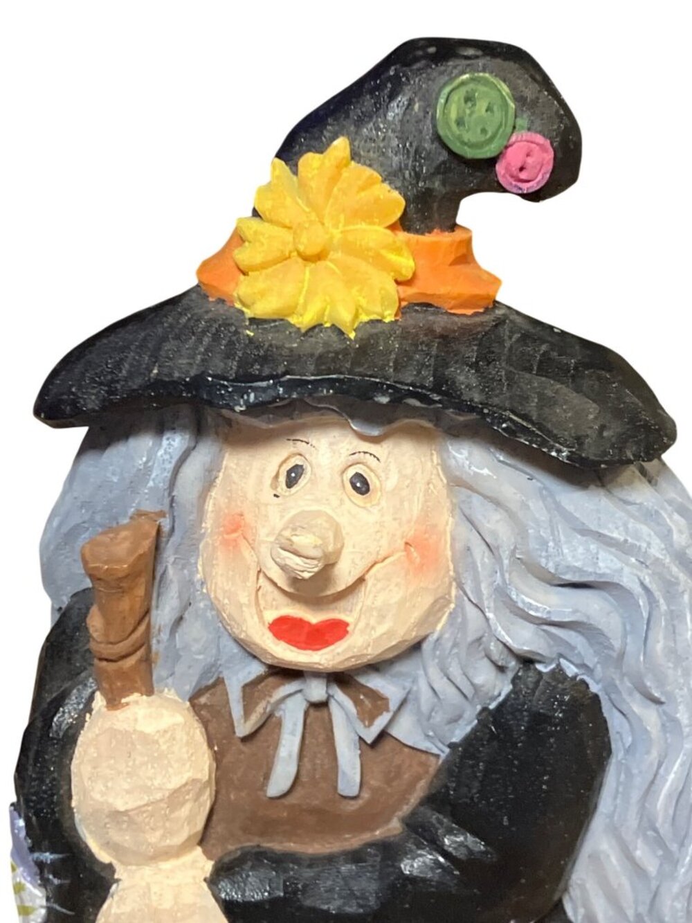 Hand Painted Halloween Witch Figurine With Broom & Pumpkin Rustic Fall Decor - Picture 4 of 11